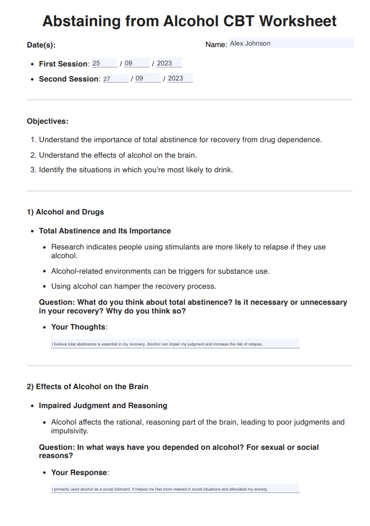 Abstaining from Alcohol CBT Worksheet & Example Free PDF Download